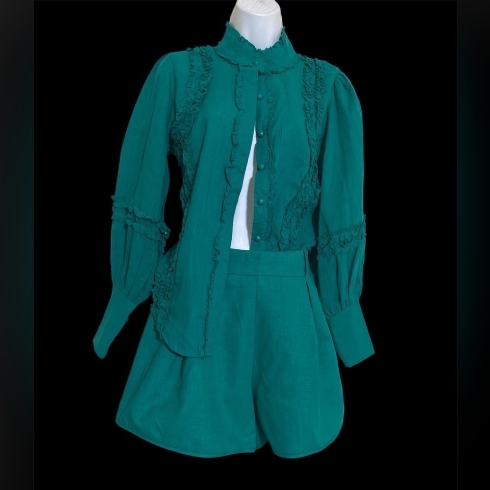 Peekskill set pant blouse women S teal ruffles button down event vacation Y2K